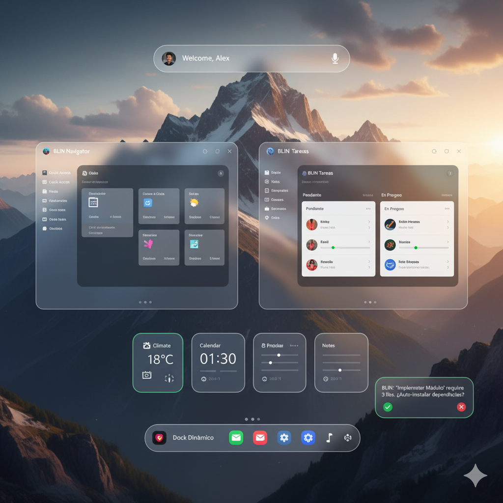 Interfaz futurista de la pantalla de inicio de BLIN OS con diseño Glassmorphism